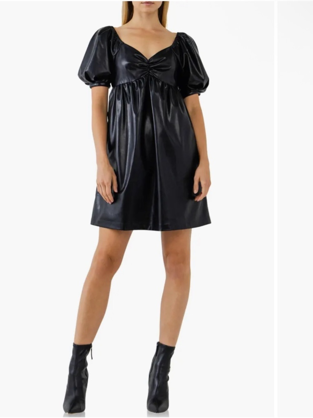 Anthropologie English Factory Black Faux Leather Babydoll Minidress